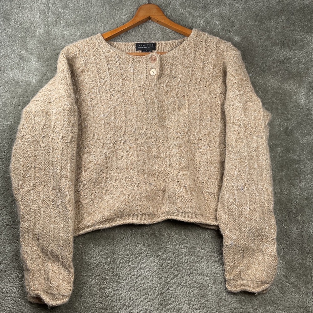 Limited Cable Knit Sweater Womens Large Tan Henley Wool Blend Cropped Vintage